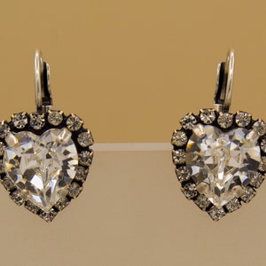 HEART EARRING DROPS, Clear Genuine Crystal Heart Surrounded by 16 Clear Rhinestones, Antique Silver Setting (Nickel-Free), Bartoni Designs