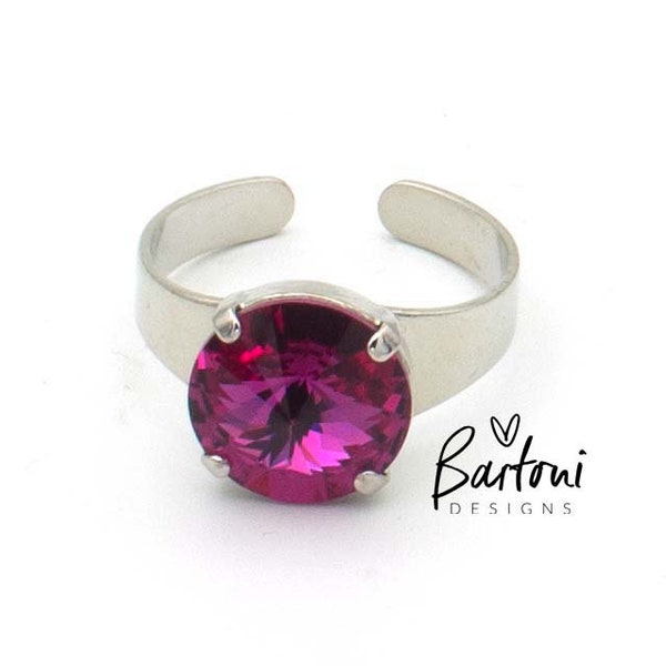 FUCHSIA RING, ADJUSTABLE, 12mm Austrian Crystals, Rhodium Setting (Nickel-Free), Bartoni Designs Handmade Jewelry