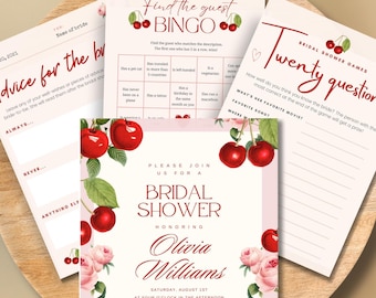 Cherry Printable Bridal Shower Invitation Cherry Theme Pink Rose Floral Party Invitation Digital Download Stationery Wedding Template Bridal