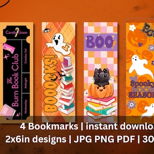 Könnte beinhalten: Vier Lesezeichen zum Thema Halloween mit einzigartigen Designs. Eines zeigt einen Geist und den Text "BOOOOKS!", ein anderes sagt "BOO" mit einer schwarzen Katze, und ein anderes sagt "Spooky Book Season". Das vierte Lesezeichen ist ein Ticket mit "The Burn Book Club".