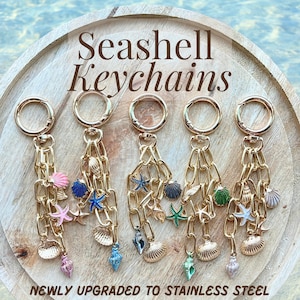 May include: Five seashell keychains with gold-colored chains and clasps. Each keychain features a variety of colorful seashell charms, including starfish and conch shells. The text "Seashell Keychains" and "NEWLY UPGRADED TO STAINLESS STEEL" are displayed.