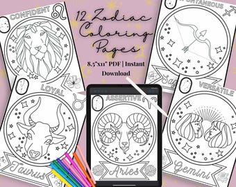 Zodiac Coloring Page Printable Astrology Constellation Art Digital Download Birthday Gift Horoscope Star Sign Celestial Meditation Sheet PDF