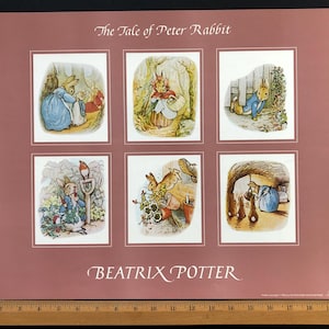 May include: A framed print with six illustrations from "The Tale of Peter Rabbit." The images depict rabbits in different scenes, with text at the top reading "The Tale of Peter Rabbit" and the author's name, "Beatrix Potter," at the bottom.