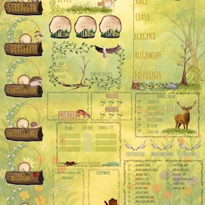 May include: A fantasy-themed character sheet with a woodland illustration. The sheet features sections for attributes like Strength, Dexterity, and Wisdom, along with spaces for stats, skills, and equipment. The color palette is soft, with greens, browns, and yellows.