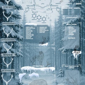Könnte beinhalten: Ein Charakterbogen mit einem winterlichen Waldthema. Das Design umfasst Abschnitte für Werte wie Stärke, Intelligenz und Charisma, mit Illustrationen eines Wolfs, eines Bären und eines Hirsches. Die Farbgebung ist überwiegend blau und weiß.