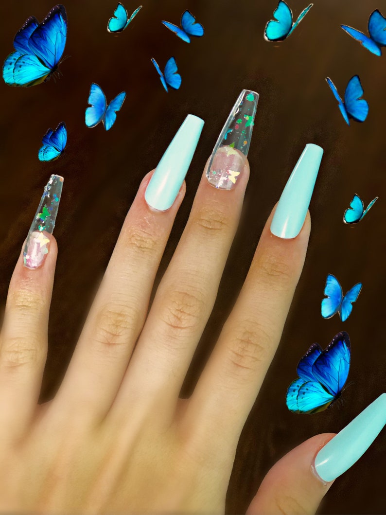 Light Blue Iridescent Butterfly Press On Nails Long Coffin Etsy