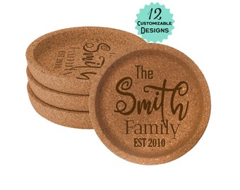 Set of 4 Personalized Family 4" Cork Coaster with Raised Edge - 12 Designs