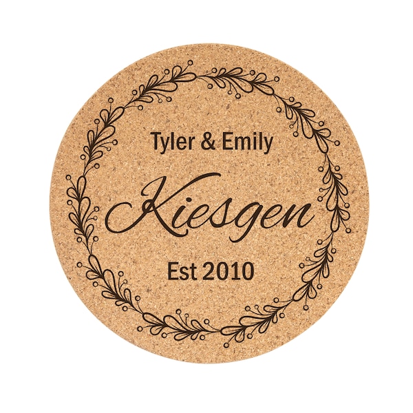 Personalized Name Engraved 7.25" Cork Hot Plate Trivet - Custom Order Gift with Unique Fonts and Designs.