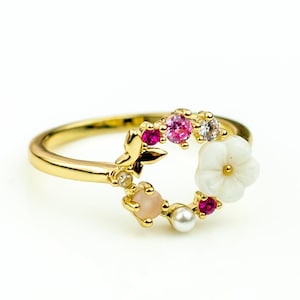 Butterfly Flower Ring / Dainty Gold Crystal & Pearl Ring / Flower Girl Gift / Floral Valentine Gift / Bridesmaid Gifts / Little Girl Gift