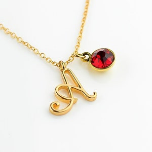 Birthstone Necklace / Cursive Letter Necklace / Initial & Birthstone / Personalized Bridesmaid Gift / Capital Initial Necklace / Bridal Gift