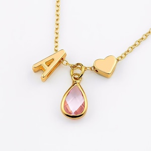 Birthstone Necklace, Tiny Letter Necklace, Initial & Teardrop Birthstone, Flower Girl Gift, Bridal Necklace, Letter + Heart Charm Necklace