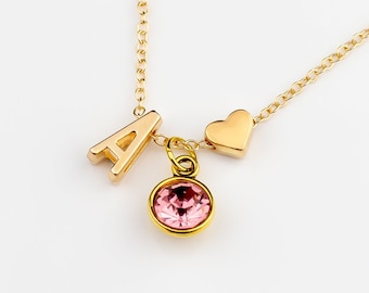 Birthstone Necklace / Tiny Letter Necklace / Initial & Birthstone / Flower Girl Gift / Bridal Gift Necklace / Letter + Heart Charm Necklace
