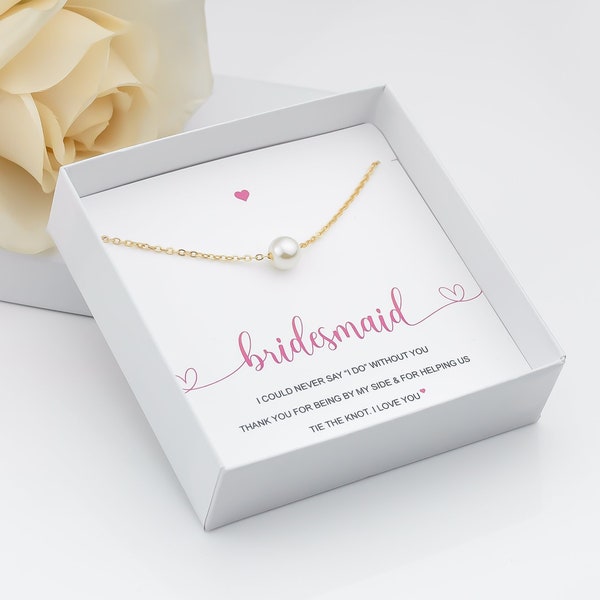 Personalized Bridesmaid Gift, Dainty Pearl Necklace, Elegant Pearl Dangle, Tie the Knot Jewelry, Flower Girl Gift, Maid of Honor Necklace