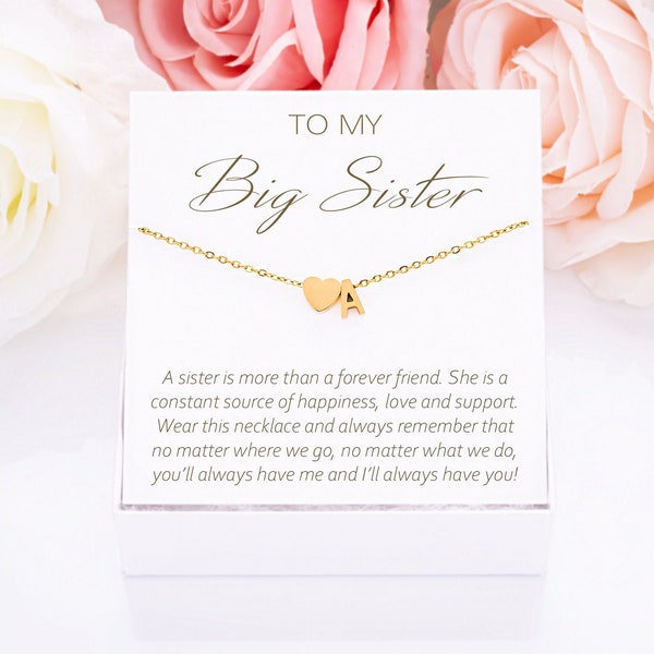 Big Sister Necklace Gift, Sister Gifts, Big Sister Birthday Gift Box, Custom Initial & Heart Necklace Gift Card, Gifts for Little Sister