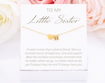 Little Sister Necklace Gift, Sister Gifts, Little Sister Birthday Gift Box, Custom Initial & Heart Necklace Gift Card, Gifts for Big Sister