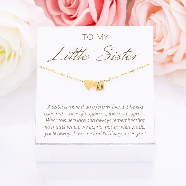 Little Sister Necklace Gift, Sister Gifts, Little Sister Birthday Gift Box, Custom Initial & Heart Necklace Gift Card, Gifts for Big Sister