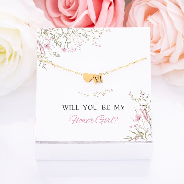 Personalized Flower Girl Gift, Flower Girl Initial Necklace Gift, Bridesmaid Gift, Bridesmaid Proposal, Flower Girl Heart Necklace With Card