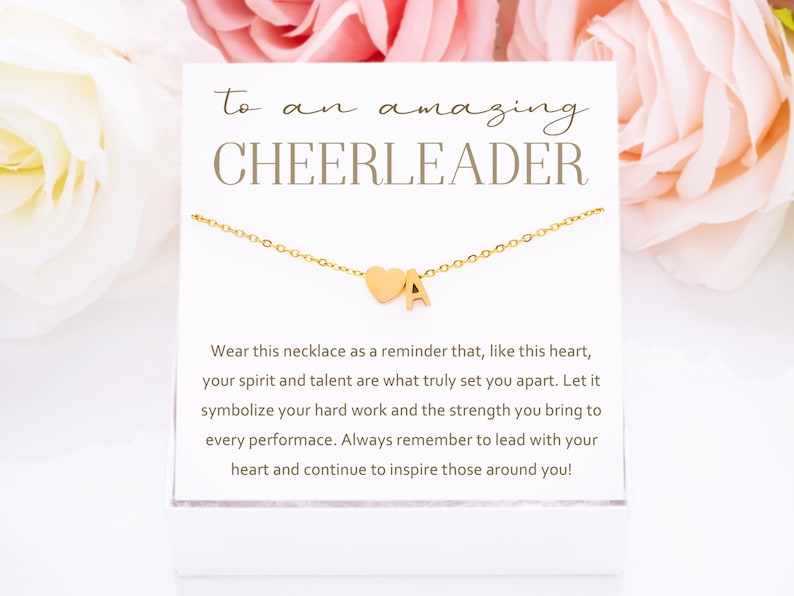 Personalized Cheerleader Gift, Heart & Initial Necklace, Necklace Gifts for Cheerleading Squad, Gift for Cheer Team, Team Spirit, From Coach image 1