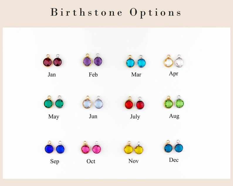 May include: Birthstone options for jewelry making.  Each month of the year is represented by a different color gemstone.  The gemstones are displayed on a white background.