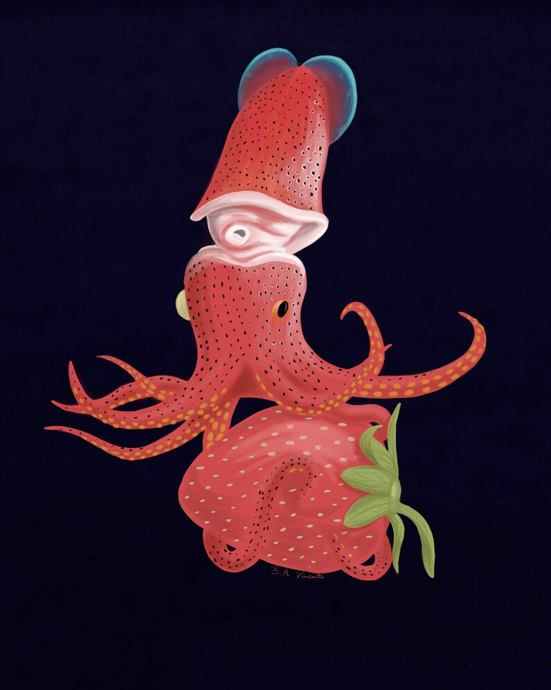 Strawberry Squid digital painting 8x10 giclee archival art print squid print, squid art