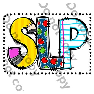 May include: A colorful graphic design of the letters "SLP" in a black outlined square. The "S" is yellow and striped, the "L" is blue with red apples on it, and the "P" is blue and white striped.