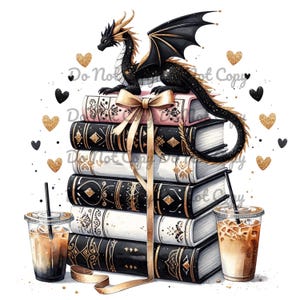 May include: A stack of books with black, white, and gold covers, tied with a gold ribbon, topped by a black dragon with gold accents. Two iced coffee drinks are on either side of the books, with gold and black heart accents.
