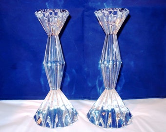 MIKASA BRILLIANCE CANDLESTICK HoLDER Fluted Diamond Set Pair 7.75in Elegant Heavy Lead Crystal Sparlking Bling Glass Lover Collector Gift