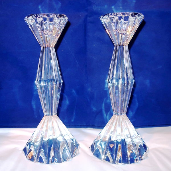 MIKASA BRILLIANCE CANDLESTICK HoLDER Fluted Diamond Set Pair 7.75in Elegant Heavy Lead Crystal Sparlking Bling Glass Lover Collector Gift