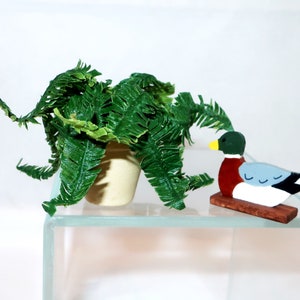 WOOD DUCK DECOY and Fern Pottery Flower Pot Miniature Dollhouse Folk Art Signed Grebinger 1985 Artisan Vintage Miniaturist Collect Love Gift