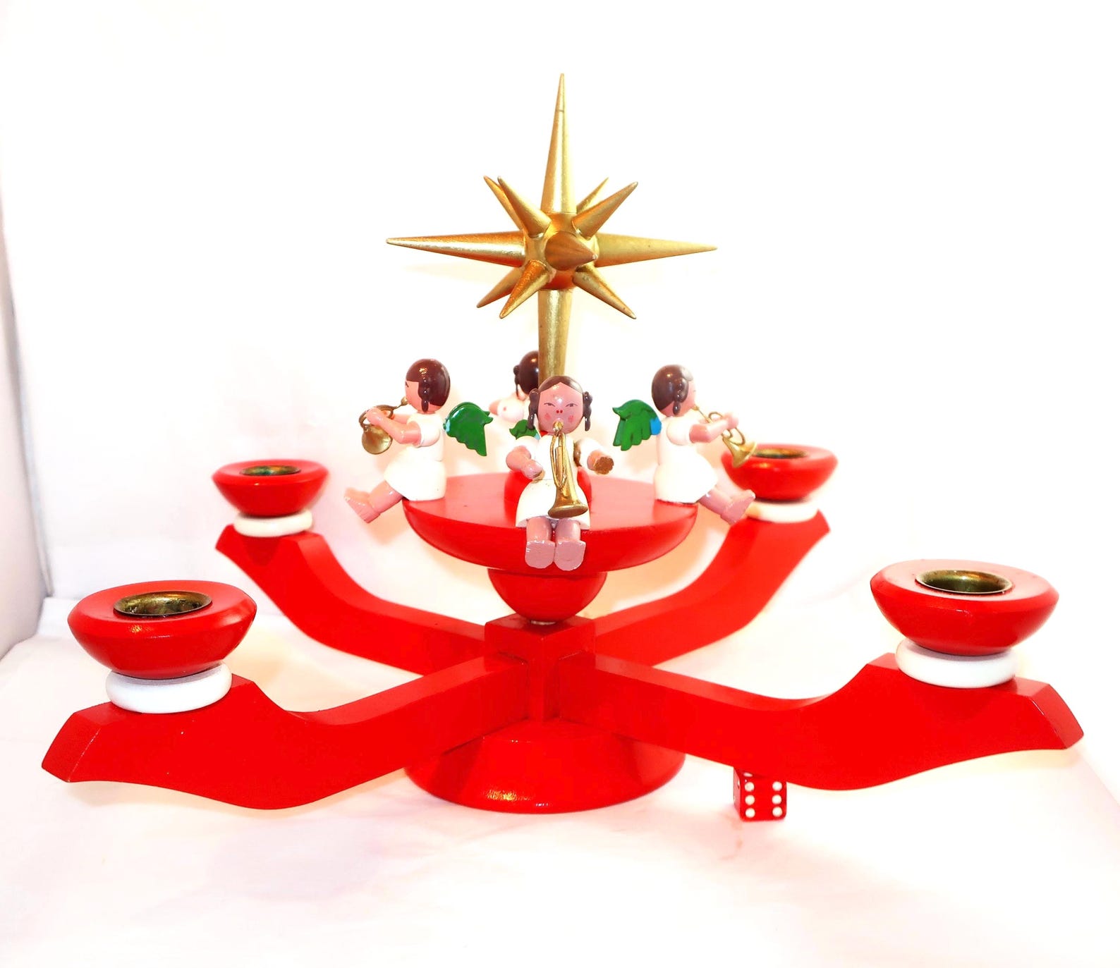 Erzgebirge Candleholder East German Red Wood 4 Arm Vintage Gold Horns