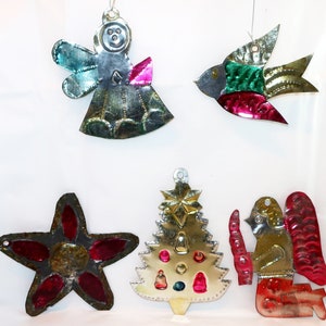 5 MEXICAN TIN ORNAMENTS Colorful Vintage Hand Painted Punched Cut Mexico Folk Art Christmas Tree Fish Flower Star Angel Collector Lover Gift