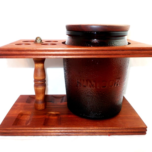 WALNUT 4 PIPE STAND & Glass Humidor w/ Lid By Dun-Rite Wood Products Smoker Holder Rack McM 1950s Fluted Edges Tobacciana Collect Lover Gift