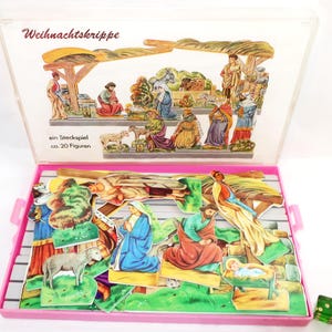 GERMAN WEIHNACHTSKRIPPE NATIVITY 16 Piece Play Set Slot Figures & Stable Sections Onto Base Vintage Christmas Religious Collector Lover Gift