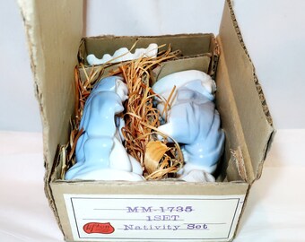 LEFTON'S CERAMIC Nativity Set Mary, Joseph and Baby Jesus Pastel Blue and White New in Box Christmas Religious Japan Collector Lover Gift
