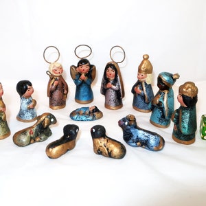 MEXICAN POTTERY NATIVITY 13 Piece Miniature Folk Art Figurine Set Metallic Painted Vintage Christmas Religious Tonala Collector Lover Gift