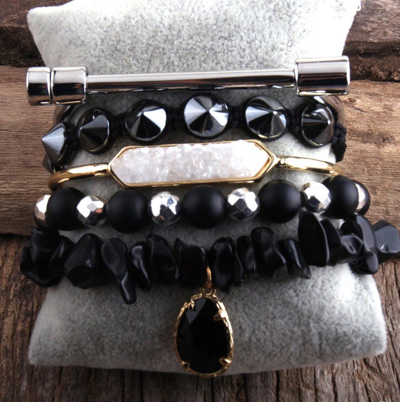 Fashion Boho Jewelry Natural Stone /& Druzy Bangle 5pc Bracelets Sets For Women