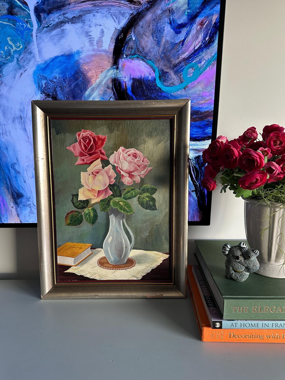 Still Life Oil Painting of Pink Roses in a Gray Vase - Etsy