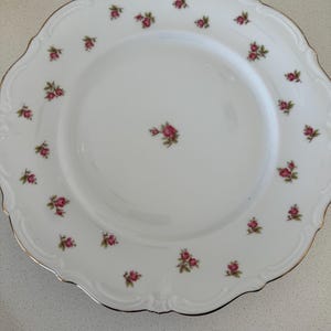 Könnte beinhalten: Weißer Porzellanteller mit gewelltem Rand und Goldrand. Der Teller ist mit kleinen rosa Rosenclustern verziert. Ein klassisches Design zum Servieren von Speisen.