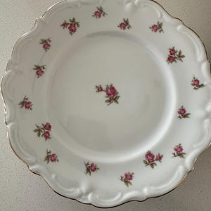 Könnte beinhalten: Weißer Porzellanteller mit gewelltem Rand und Goldrand. Der Teller ist mit kleinen rosa Rosenblütenmustern verziert. Ein klassisches Design zum Servieren von Speisen.