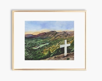 Sunrise Cross Art Print, Resurrection Art Print, Christian Landscape Art, Mountain Watercolor Painting, Christian Home Decor