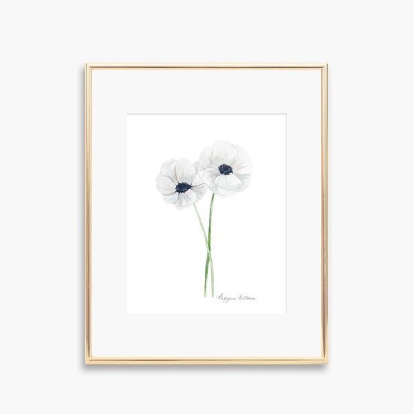 Anemone Flower Art Print, Anemone Print, watercolor anemone flower art, elegant flower wall art home decor, black and white flower art