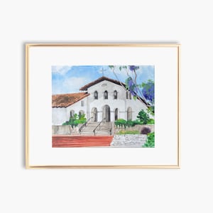 May include: A watercolour painting of a white building with a brown roof. The building has a cross on top and the number "1772" above the entrance. There are steps leading up to the entrance and a stone wall in front of the building.