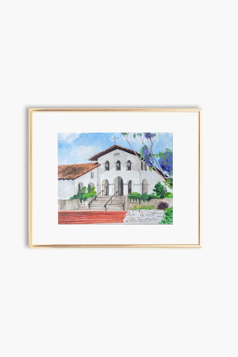 May include: A watercolour painting of a white building with a brown roof. The building has a cross on top and the number "1772" above the entrance. There are steps leading up to the entrance and a stone wall in front of the building.