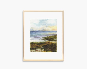Sunset Beach Watercolor Print, Beach Dunes Art Print, Landscape wall art, Antique Beach landscape art, Vintage wall art, Neutral Landscape