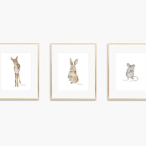 Woodland Nursery Art, Nursery Animal Art Prints, Watercolor Animal Art Prints, Whimsical Forest Animals, Bunny Deer Mouse Baby art