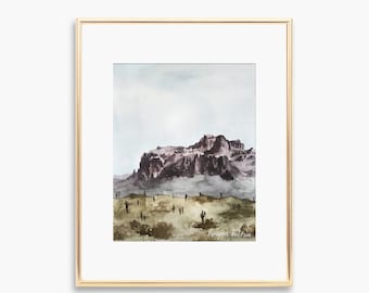 Superstition Mountains Watercolor Art Print, Arizona Desert Landscape