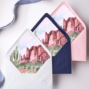 Southwest Wedding Envelope Liners for Wedding Invitations, A7 envelopes with Desert Mountain Liner, Desert Wedding Decor