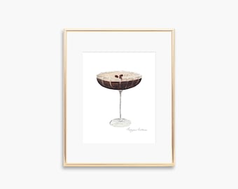 Impresión de acuarela de Espresso Martini, arte mural de bar
