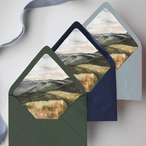 Hillside Wedding Envelope Liners for Wedding Invitations, A7 envelopes with Mountain Liner, Meadow Wedding Decor, Mountain Wedding Decor