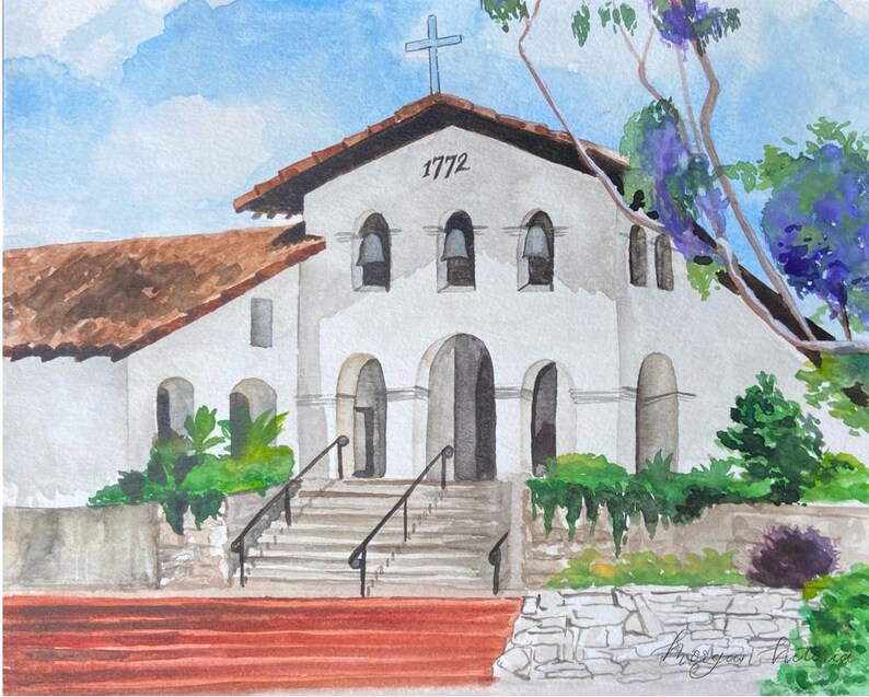 May include: A watercolour painting of a white building with a brown tiled roof. The building has a large arched doorway and several windows. The year 1772 is written above the doorway. There are trees and bushes in the foreground.